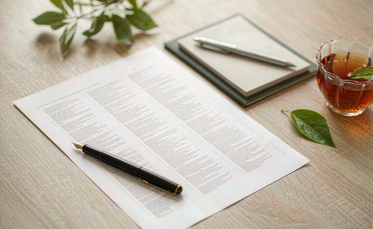 Printed HR checklist document with a pen, notebook and tea on a desk