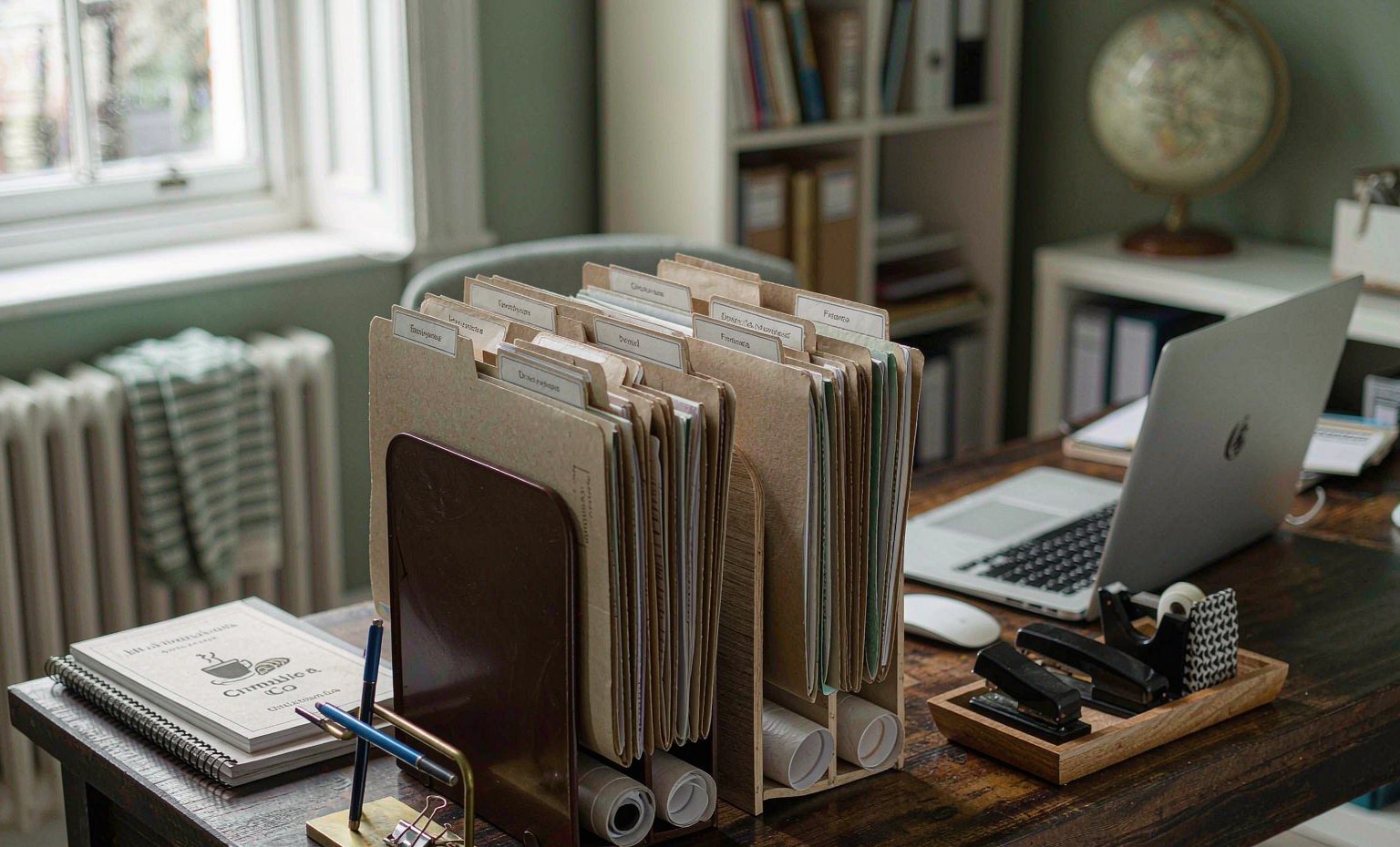 Tidy HR administration desk with organised employee document folders, laptop and notebook in natural light