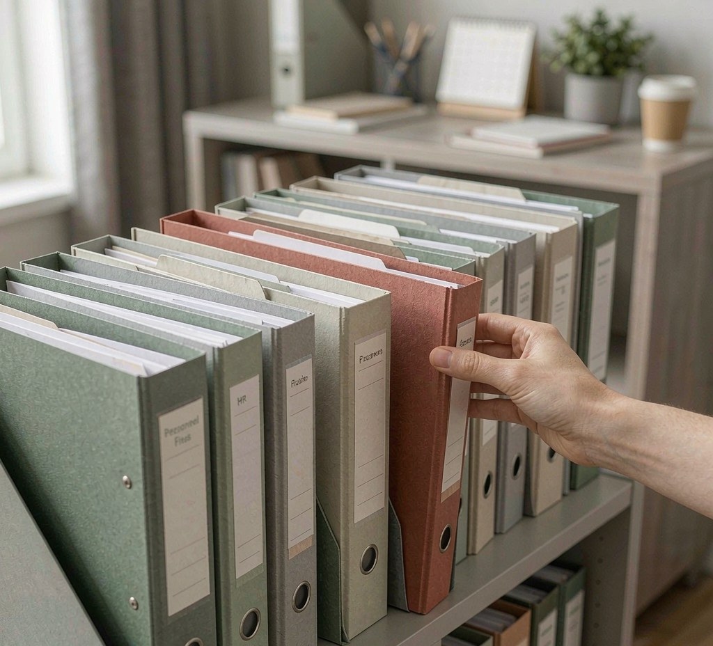 Personnel files and labelled folders arranged neatly on an office shelf